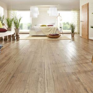 Ein Wonzimmer mit hellen Wänden und Laminatboden